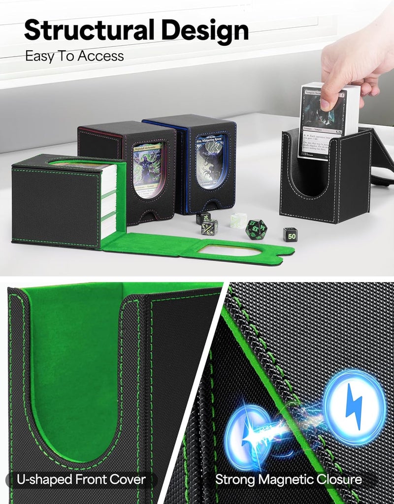 banloga Card Deck Box for MTG Commander, Card Case Holds 100+ Double-Sleeved Cards, Magic Card Box Fits for TCG/PTCG/CCG Card with 2 Dividers (Black&Green) - Image 4